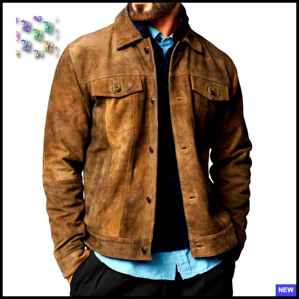 Premium Suede Leather Bomber Jacket Men's Classic Western Style Coat - Picture 1 of 4